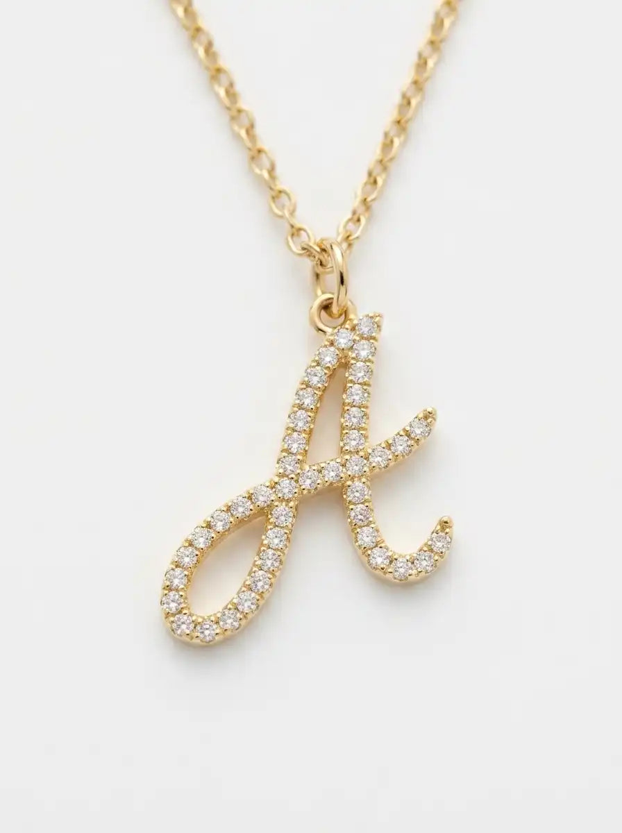 18K Solid Gold Diamond Initial Pendant Necklace
