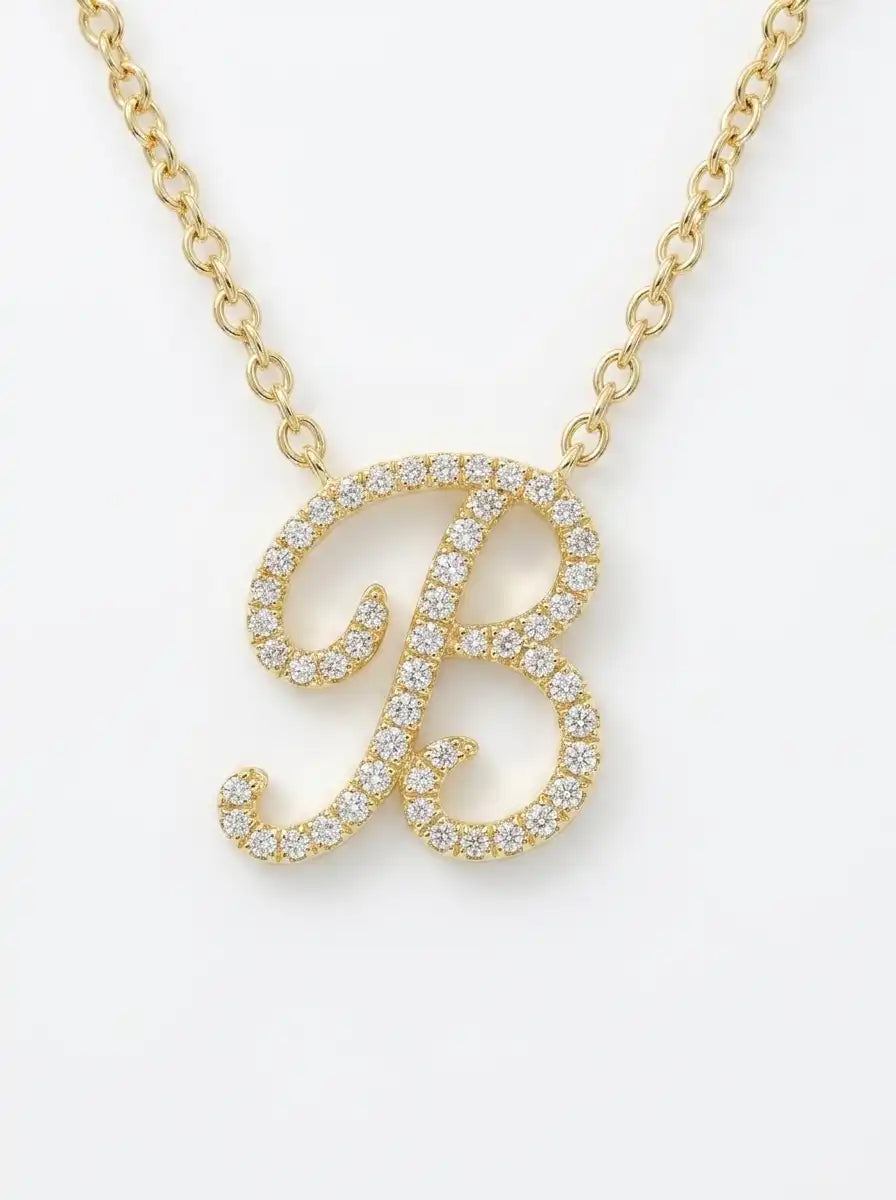 18K Solid Gold Diamond Initial Pendant Necklace