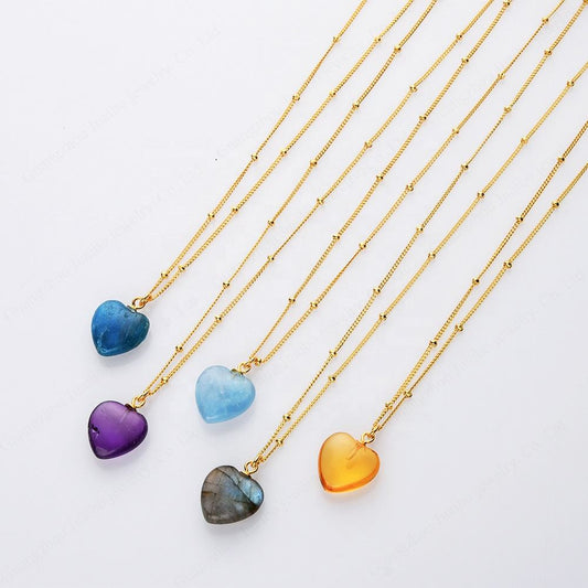 Silver Chain Healing Crystal Moonstone Aquamarine Heart Pendant