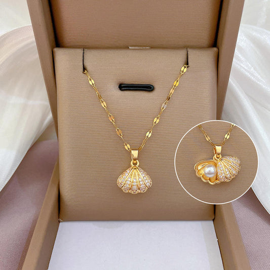 Temperament All-Match Full Diamond Shell Pearl Necklace