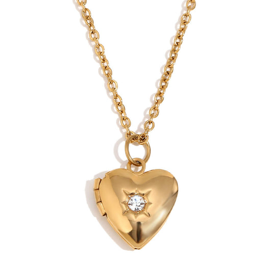 Stainless Steel Gold Plated Heart-Shaped Zircon