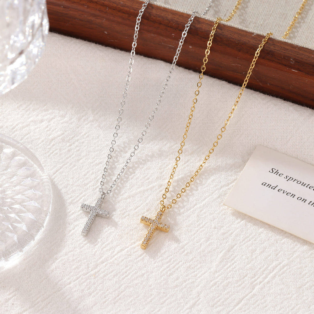 Silver Gold Plated Cross Pendant Zircon Inlay Stainless Steel Necklaces